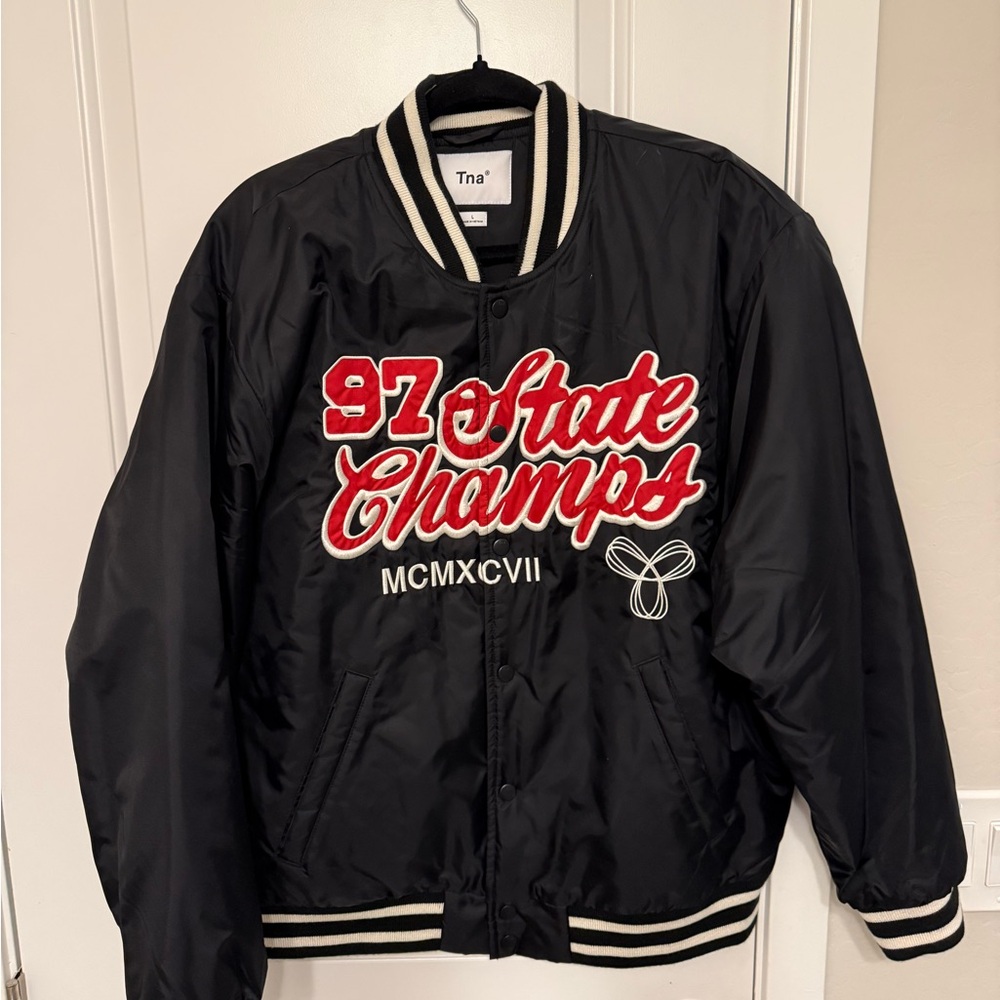 TNA Black Varsity Jacket with Red and White Embroidery
